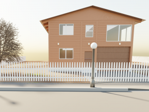 Three wooden houses during the day in the evening and at night Model 3D