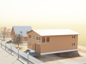 Three wooden houses during the day in the evening and at night Model 3D