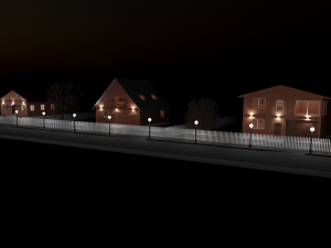 Three wooden houses during the day in the evening and at night Model 3D