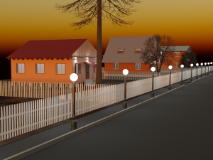 Three wooden houses during the day in the evening and at night Model 3D