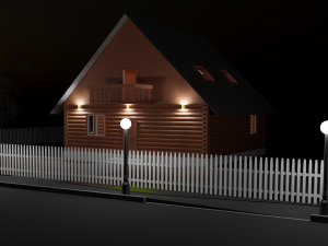 Three wooden houses during the day in the evening and at night Model 3D