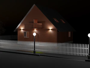 Three wooden houses during the day in the evening and at night 3D Model