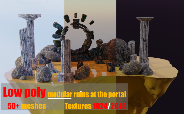 LowPoly modular ruins at the portal 3D Модель .c4d .max .obj .3ds .fbx .stl .blend 