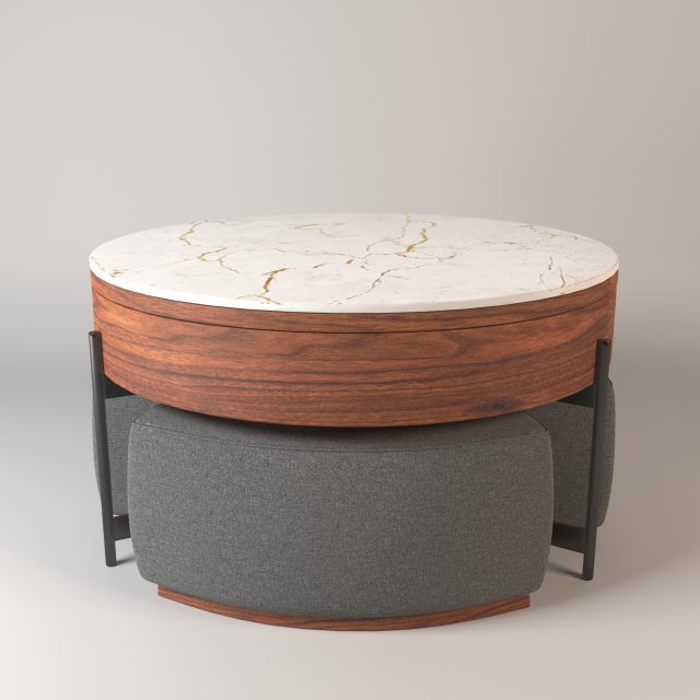 Modern Round Lift-Top Stone Coffee Table Set with Storage 3 Ottomans White Walnut 3D 模型 .c4d .max .obj .3ds .fbx .stl .blend 