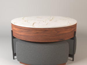 Modern Round Lift-Top Stone Coffee Table Set with Storage 3 Ottomans White Walnut 3D 模型