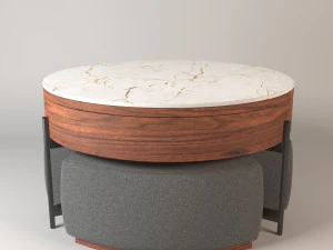 Moderne ronde stenen salontafelset met opklapbaar oppervlak en opbergruimte, 3 voetenbankjes, wit walnoot 3D Model