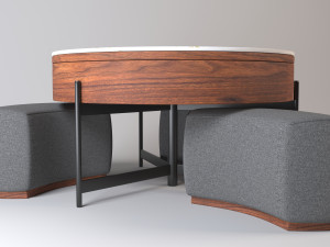 Modern Round Lift-Top Stone Coffee Table Set with Storage 3 Ottomans White Walnut 3D 模型