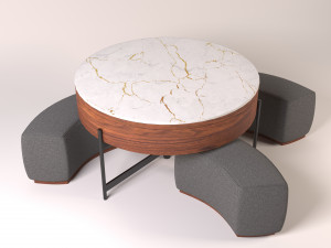 Modern Round Lift-Top Stone Coffee Table Set with Storage 3 Ottomans White Walnut 3D 模型