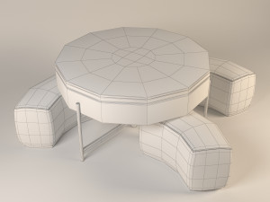 Modern Round Lift-Top Stone Coffee Table Set with Storage 3 Ottomans White Walnut 3D 模型