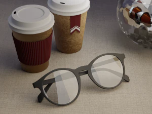 고글 커피잔과 물고기가 있는 수족관의 구성 3D 모델