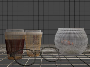 Composition of goggles coffee glasses and an aquarium with fish 3D Model