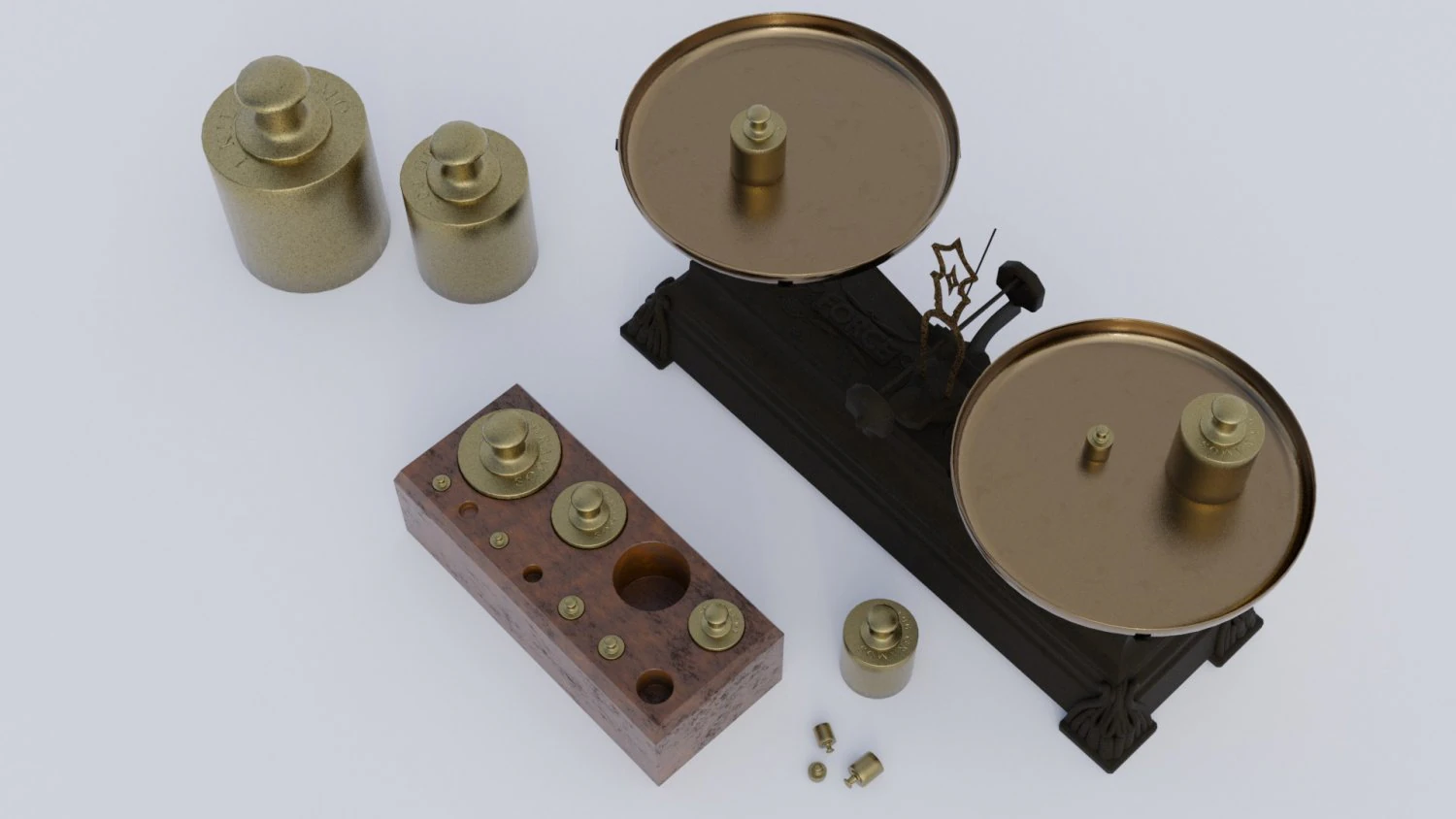 Rigged vintage balance scale with weights 3D Model .c4d .max .obj .3ds .fbx .stl .blend