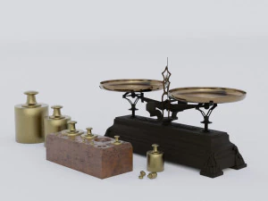 Rigged vintage balance scale with weights 3D Model