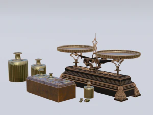 Rigged vintage balance scale with weights 3D Model