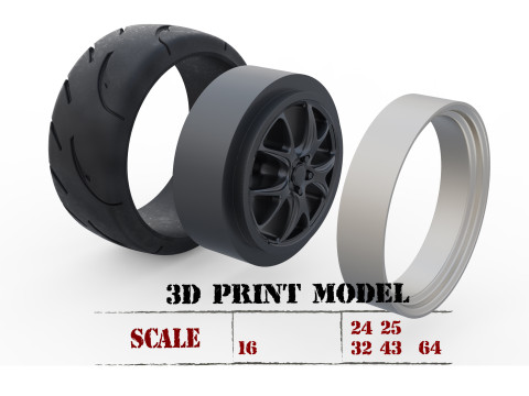 Scale vehicle stl files wheels Tire Rims set for car printables 3D Принт Модель