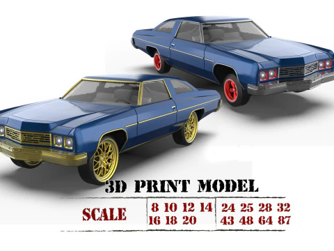3D Printable Chevy Impala Coupe 5th Gen with Donk Lowrider Wheels STL 3D Print Model