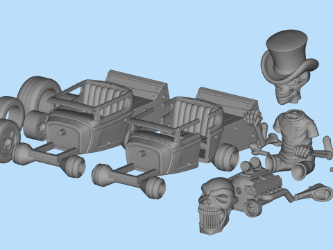 Detailed Skeleton HotRod Skull Engine STL 3D Print Model do druku 3D
