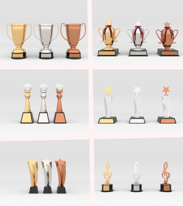 Award Prize 6 Trophies pack with 3 medal 3D Модель .c4d .max .obj .3ds .fbx .stl .blend 
