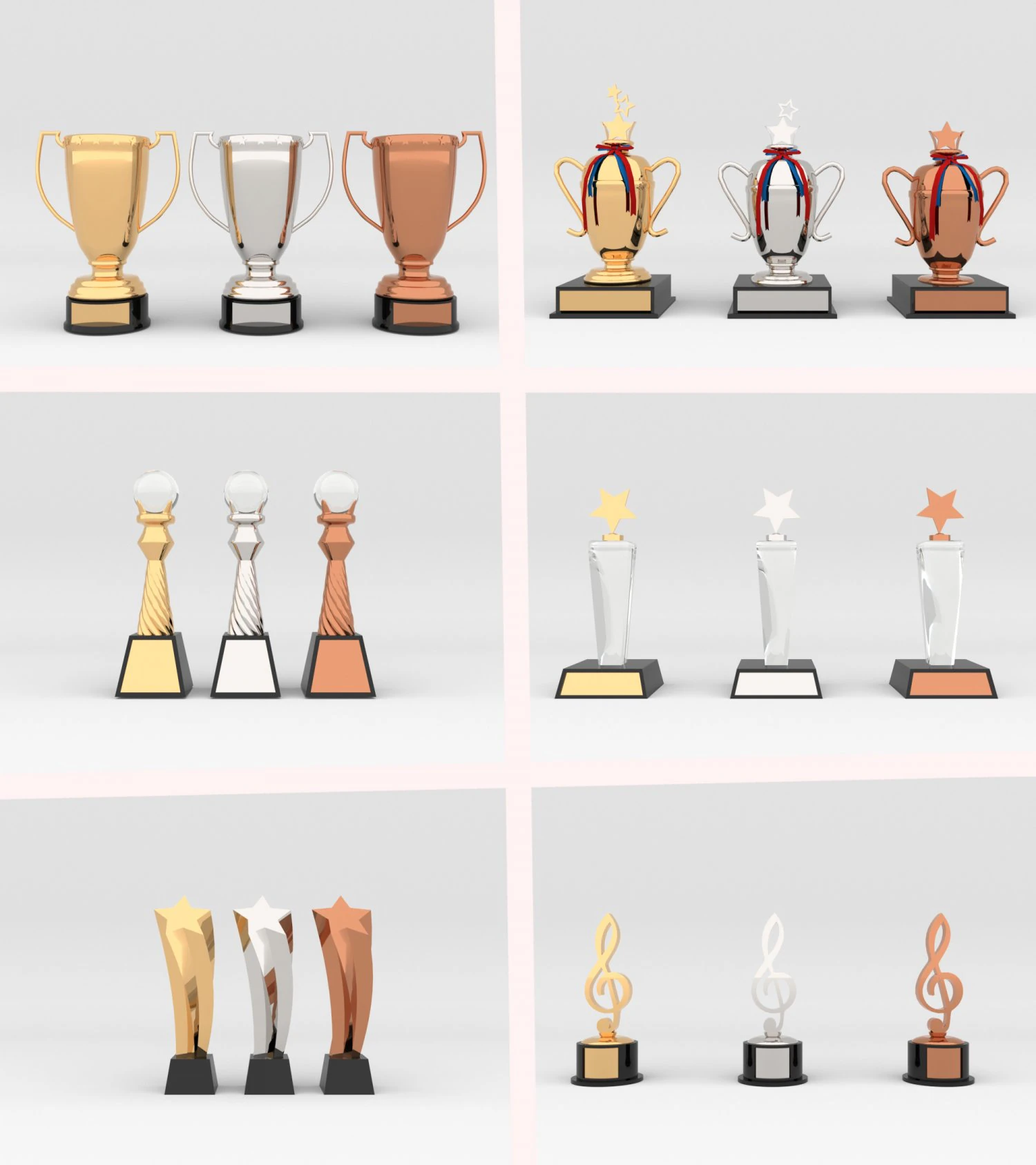 Award Prize 6 Trophies pack with 3 medal 3D Model .c4d .max .obj .3ds .fbx .stl .blend