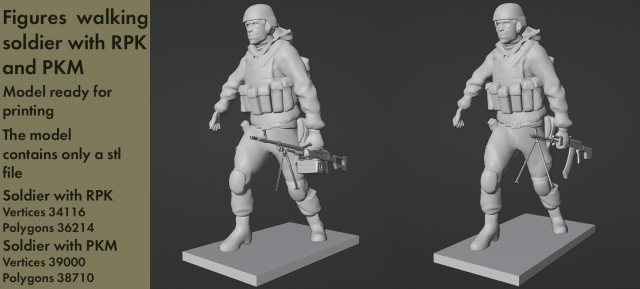 Figures of a walking soldier with RPK and PKM 3D 모델 .c4d .max .obj .3ds .fbx .stl .blend 