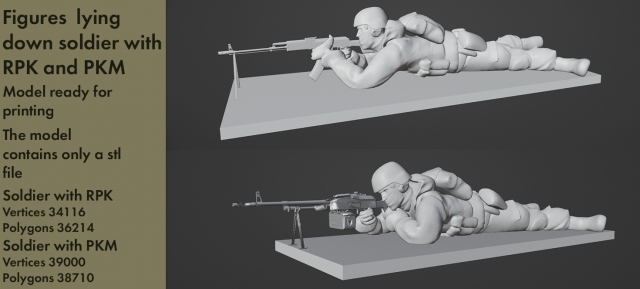 Figures of a lying down soldier with RPK and PKM Modelo 3D .c4d .max .obj .3ds .fbx .stl .blend 
