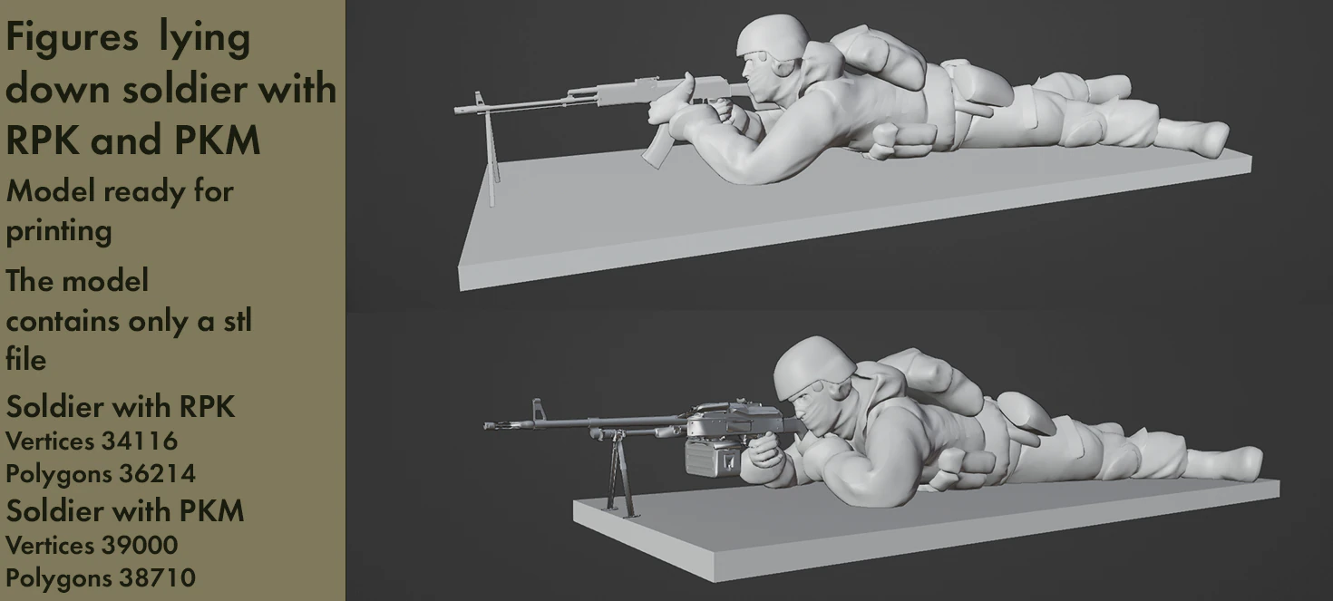 Figures of a lying down soldier with RPK and PKM 3D Model .c4d .max .obj .3ds .fbx .stl .blend 