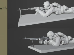Figures of a lying down soldier with RPK and PKM 3D Model