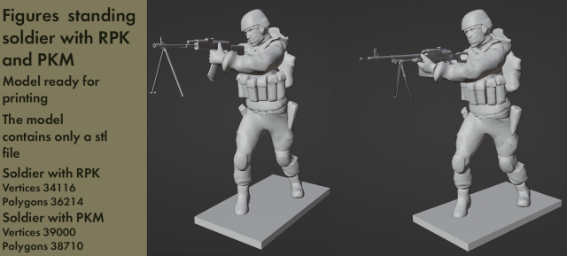 Figures of a standing soldier with RPK and PKM 3D Model .c4d .max .obj .3ds .fbx .stl .blend 