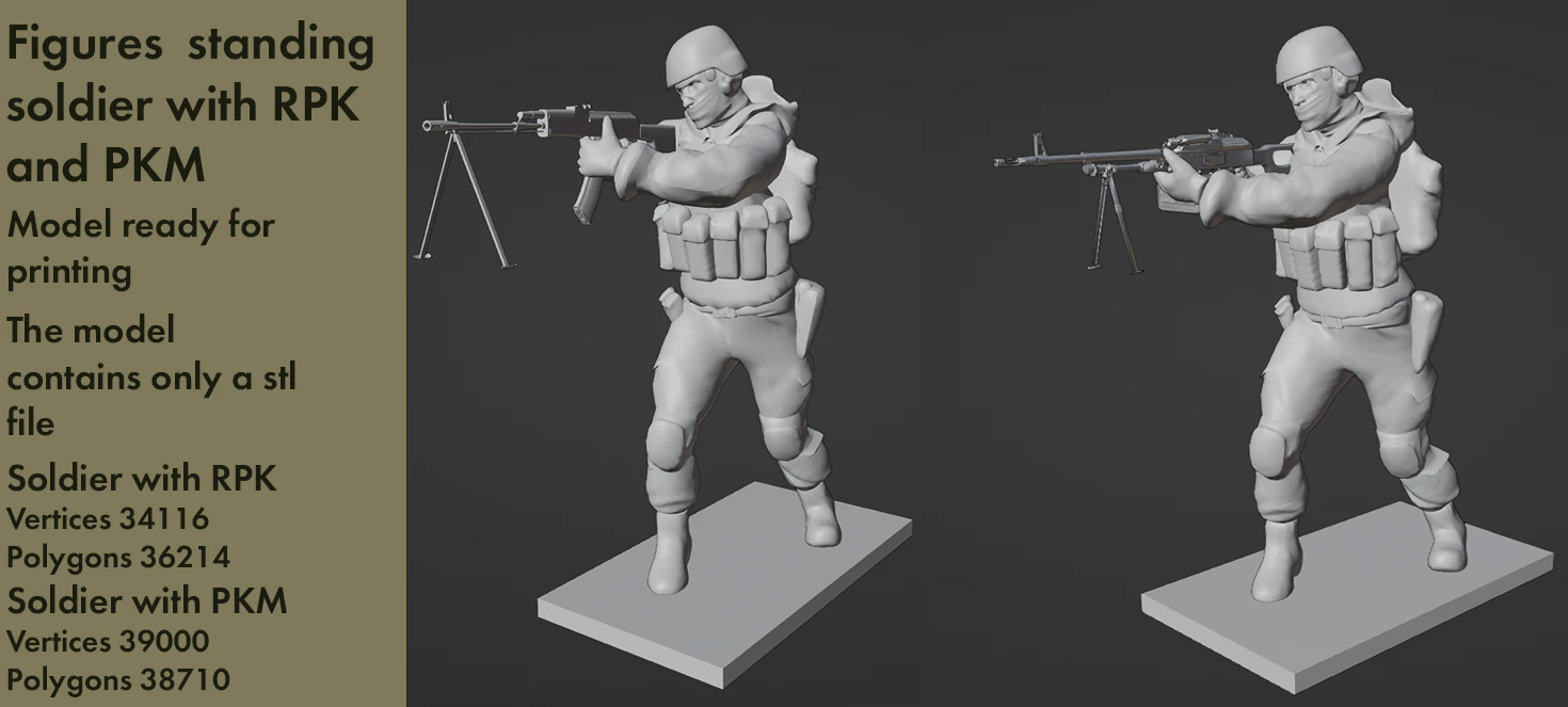 Figuras de um soldado em p&eacute; com RPK e PKM Modelo 3D .c4d .max .obj .3ds .fbx .stl .blend 