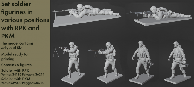 Set soldier figurines in various positions with RPK and PKM 3D 모델 .c4d .max .obj .3ds .fbx .stl .blend 