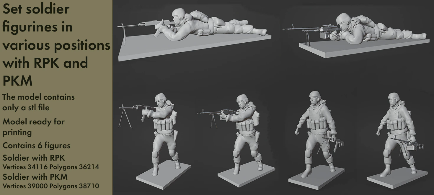 Set soldier figurines in various positions with RPK and PKM 3D Model .c4d .max .obj .3ds .fbx .stl .blend
