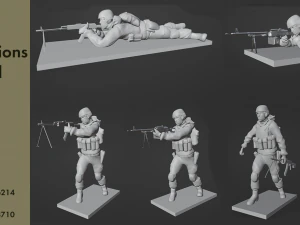 Atur patung prajurit di berbagai posisi dengan RPK dan PKM Model 3D