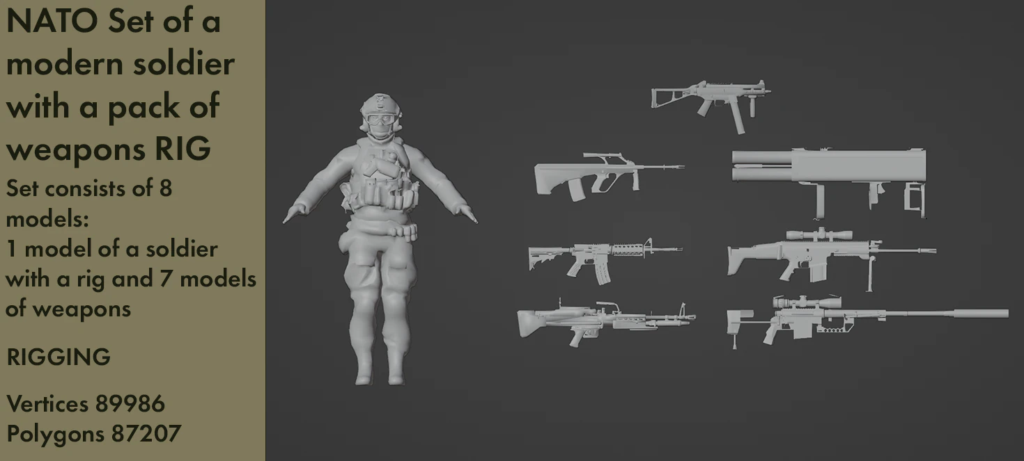 NATO Set of a modern soldier with a pack of weapons RIG 3D Model .c4d .max .obj .3ds .fbx .stl .blend 