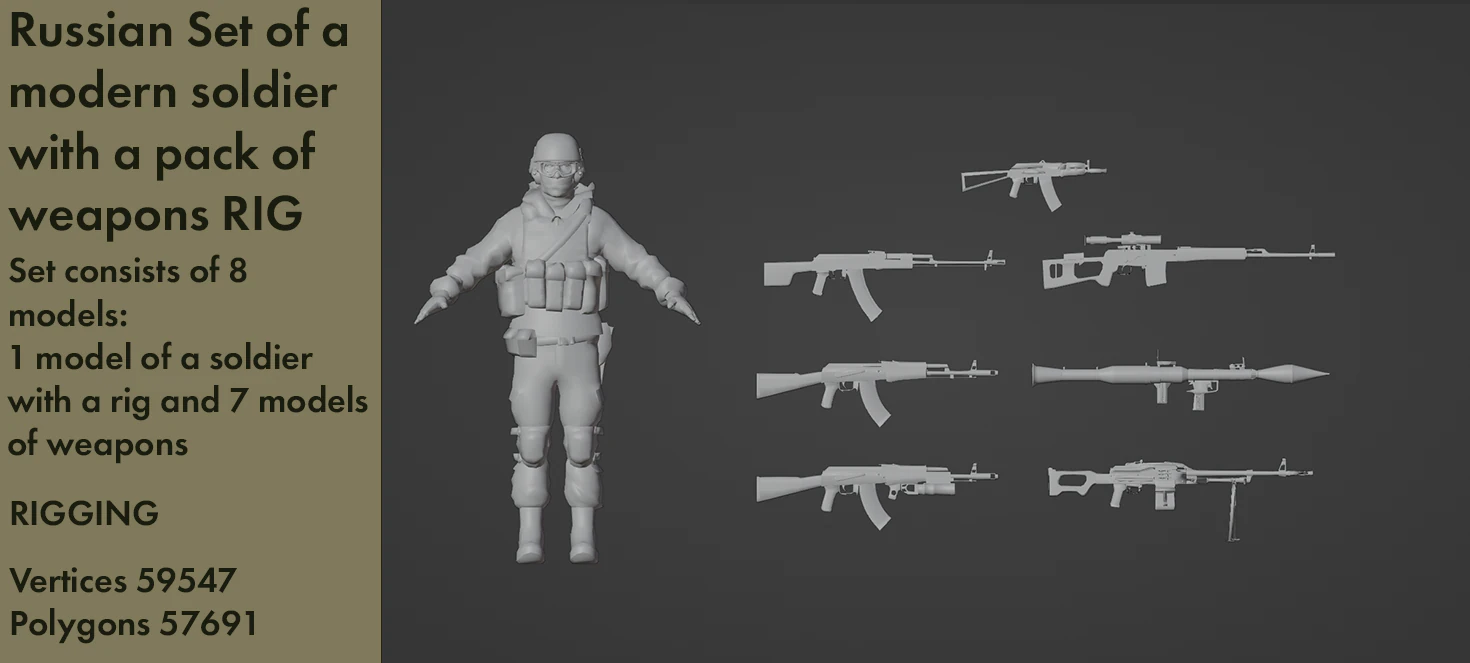 Set of a modern soldier with a pack of weapons RIG 3D Model .c4d .max .obj .3ds .fbx .stl .blend 