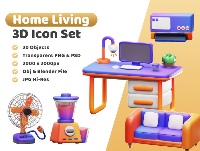 Home Living Icon Pack Modèle 3D .c4d .max .obj .3ds .fbx .stl .blend 
