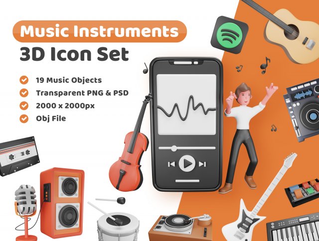 Music Instrument Icon Pack Modelo 3D .c4d .max .obj .3ds .fbx .stl .blend 