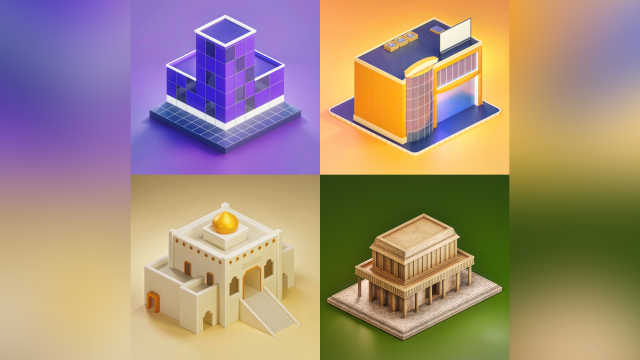 Pack of 4 stylized buildings CG Textures .c4d .max .obj .3ds .fbx .stl .blend 