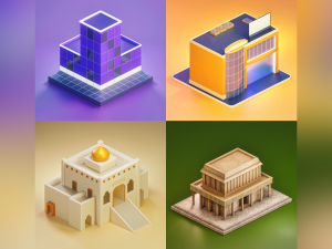 Pack of 4 stylized buildings 3D Model