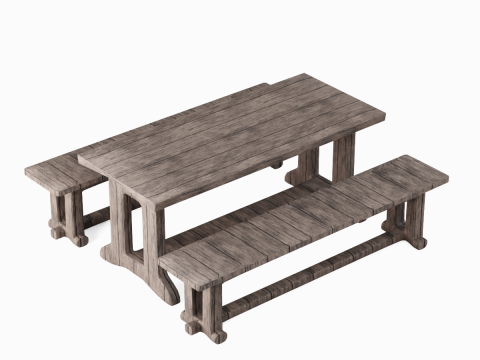 Medieval Wooden Table and Bench 01 Modelo 3D