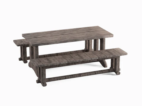 Medieval Wooden Table and Bench 01 3D Model