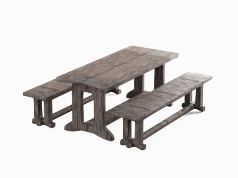 Medieval Wooden Table and Bench 01 3D Model