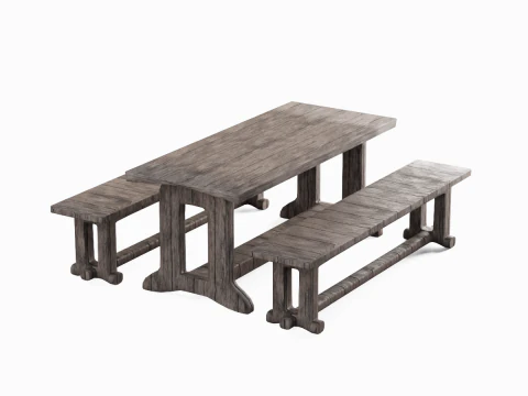 Medieval Wooden Table and Bench 01 3D Model