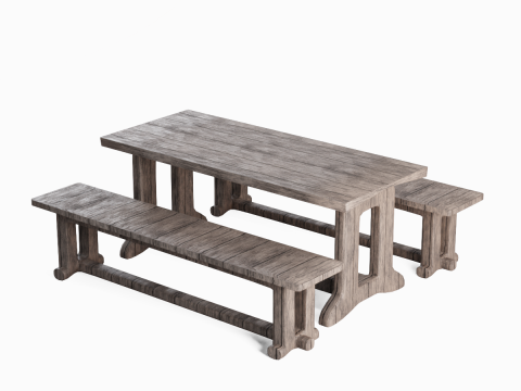 Medieval Wooden Table and Bench 01 3D Model