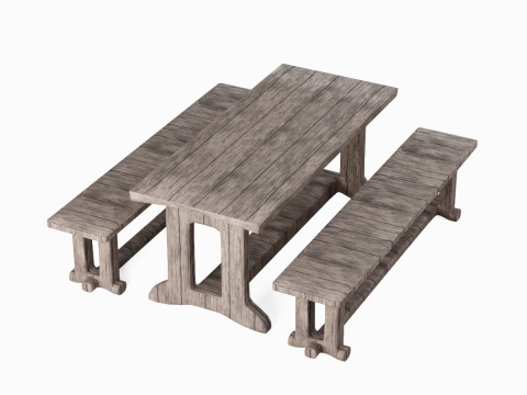 Medieval Wooden Table and Bench 01 3D Model