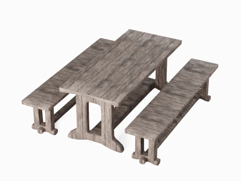 Medieval Wooden Table and Bench 01 3D Model