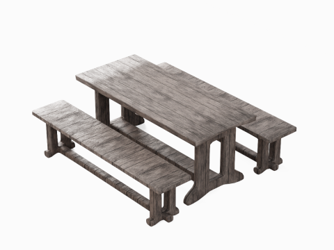 Medieval Wooden Table and Bench 01 3D Model
