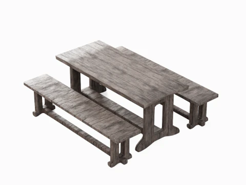 Medieval Wooden Table and Bench 01 3D Model