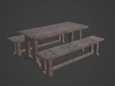 Medieval Wooden Table and Bench 01 3D Model
