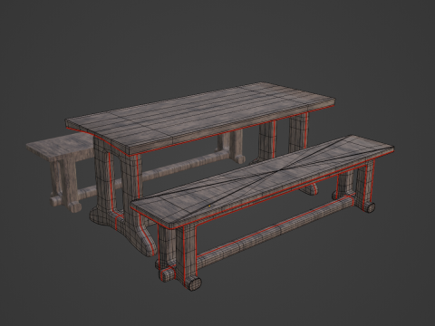 Medieval Wooden Table and Bench 01 3D Model