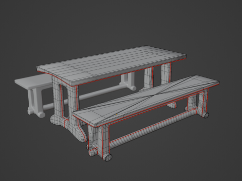 Medieval Wooden Table and Bench 01 3D Model